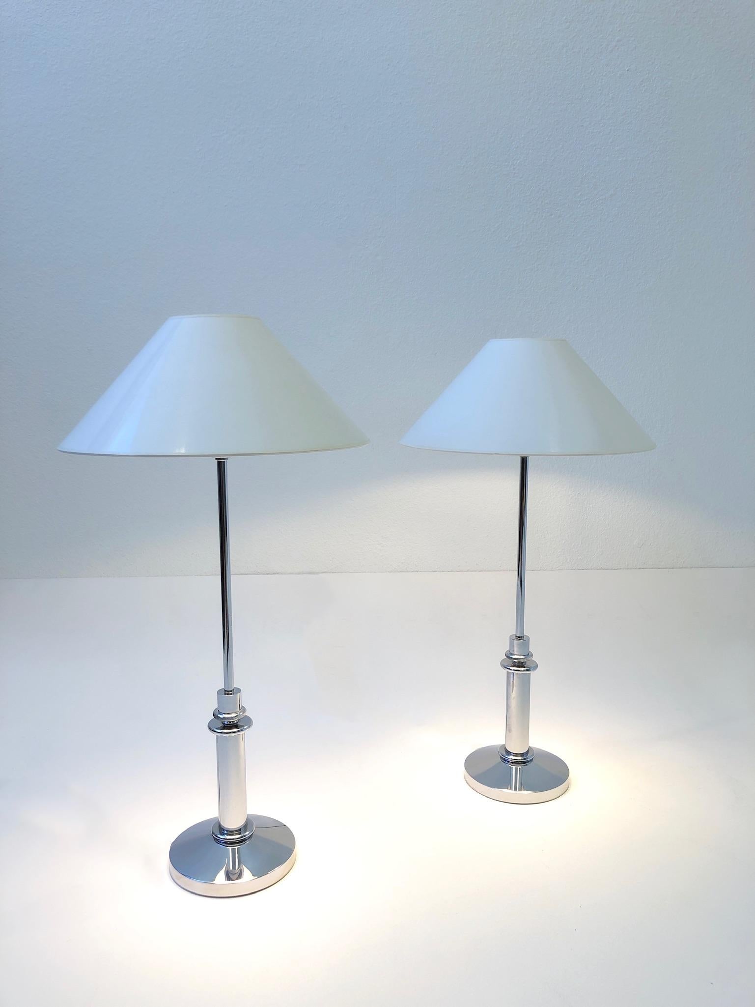 French pair of polish chrome “Olympe” table lamps by Mirak.
The lamps are in original condition. It takes one small Edison lightbulb.
Measurements: 25.5” high, 14” diameter. Base is 6” diameter.