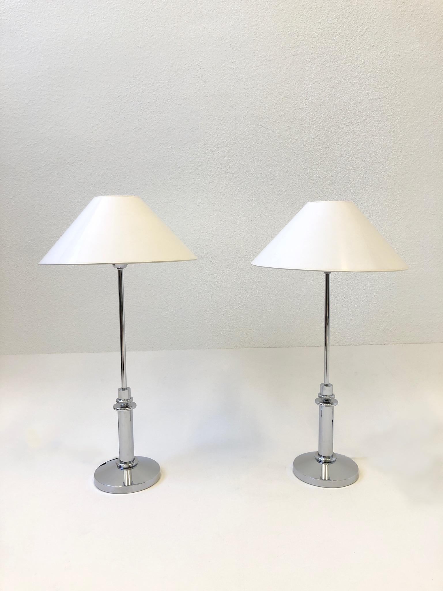 Modern Pair of Chrome and White Table Lamps by Mirak
