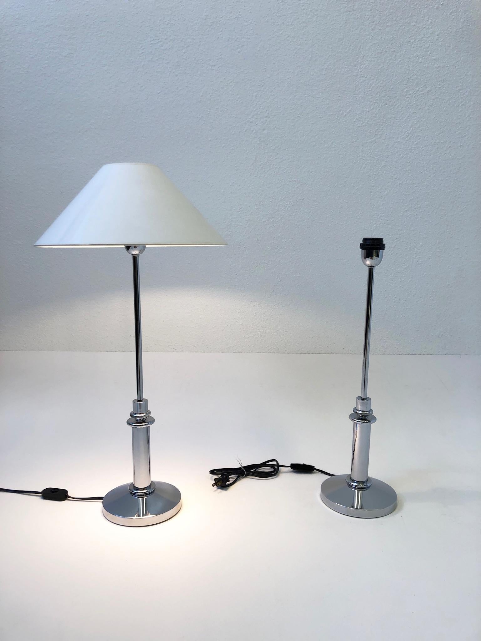 French Pair of Chrome and White Table Lamps by Mirak