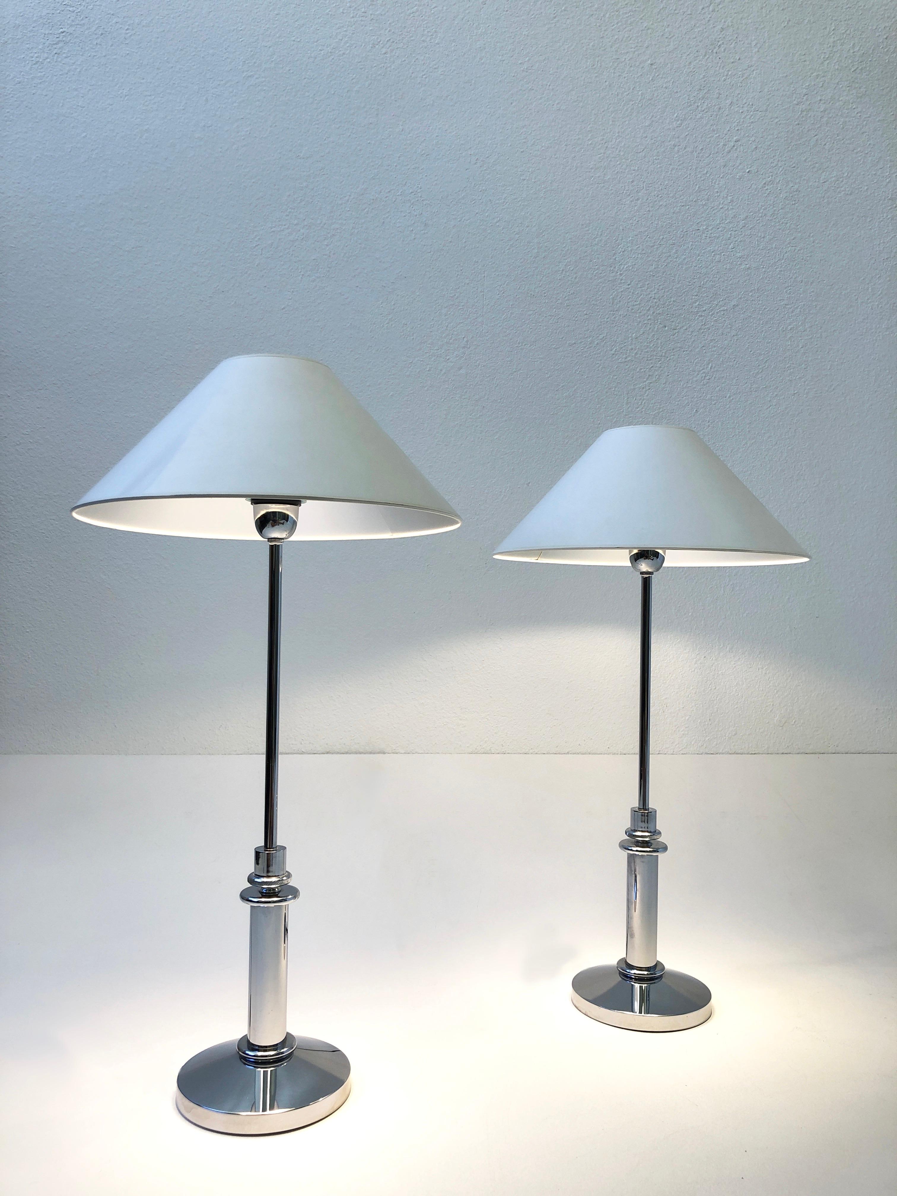 Late 20th Century Pair of Chrome and White Table Lamps by Mirak