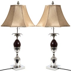 Pair of Chrome and Wood Pineapple Form Table Lamps