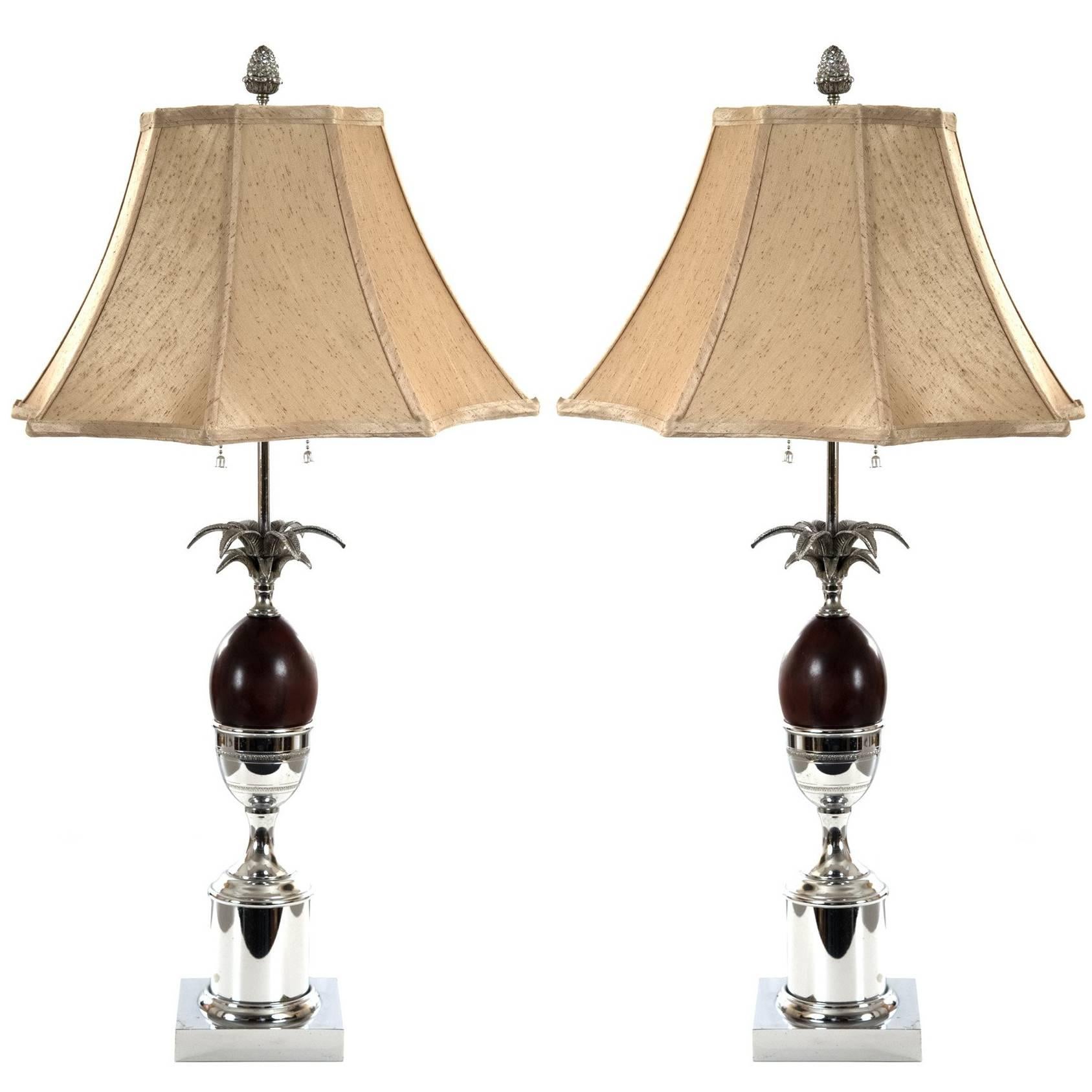 Pair of Chrome and Wood Pineapple Form Table Lamps For Sale