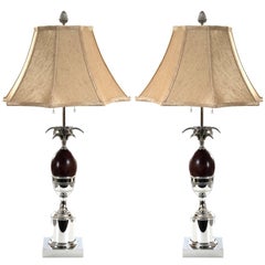 Antique Pair of Chrome and Wood Pineapple Form Table Lamps