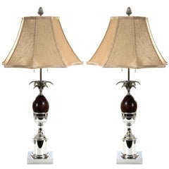 Pair of Chrome and Wood Pineapple Form Table Lamps