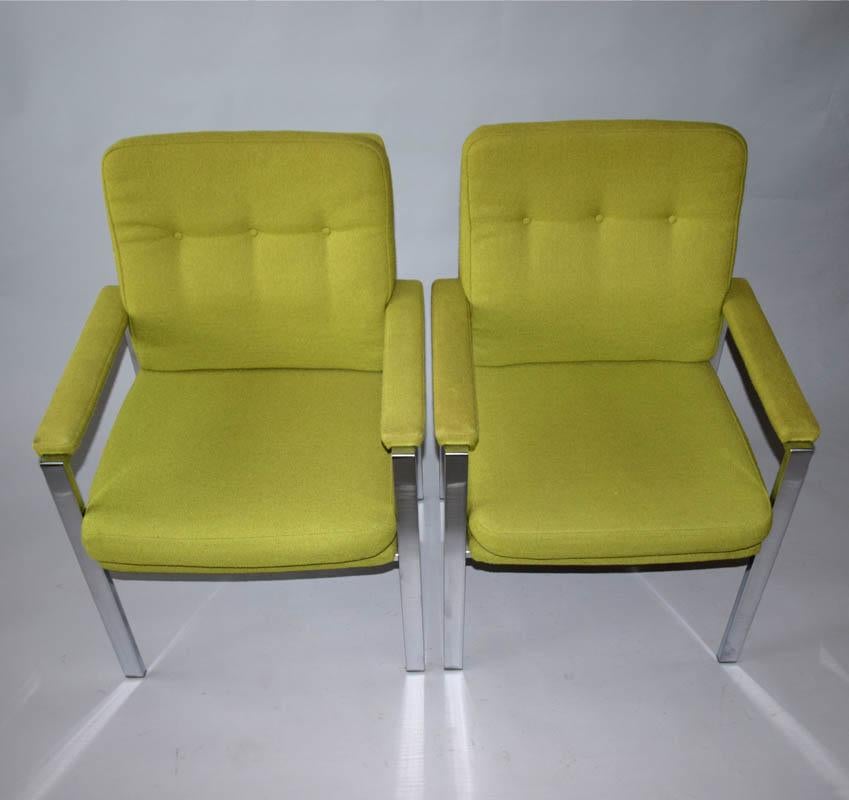 - Comfortable wide armchairs.
- Original very good preservation.
- Chrome wide flat strips form the chair structure.
- Seat and backrest upholstered.
- Velcroed cushions for comfortable soft seating.
- Upholstery is in very good original