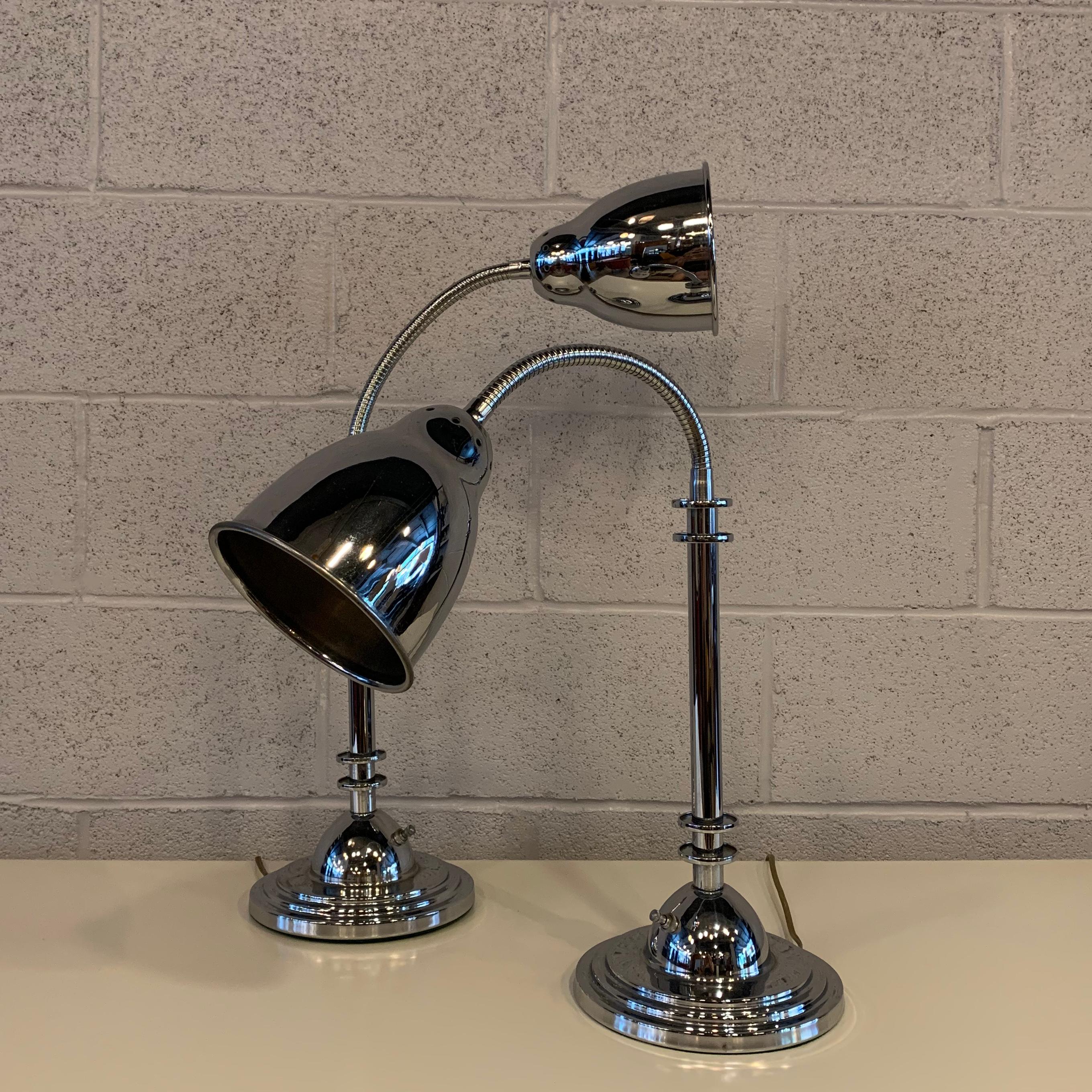 American Pair of Chrome Art Deco Style Goose Neck Table Lamps
