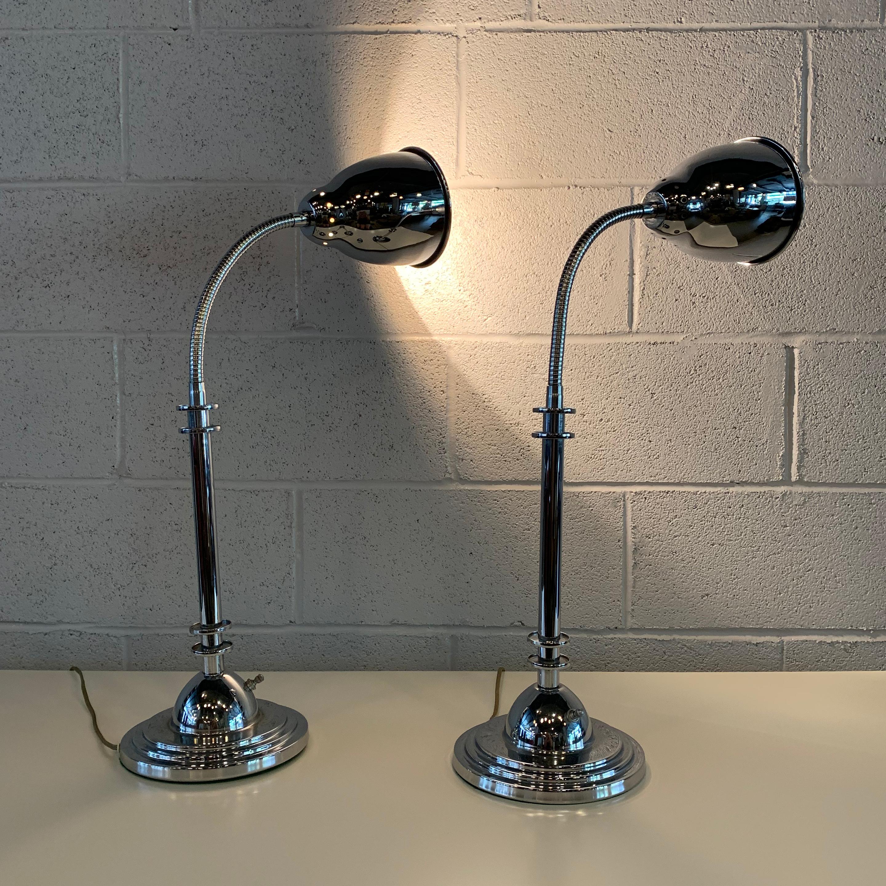Pair of Chrome Art Deco Style Goose Neck Table Lamps 1
