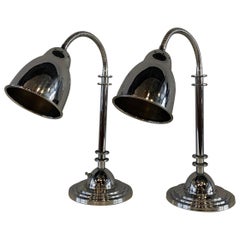 Antique Pair of Chrome Art Deco Style Goose Neck Table Lamps