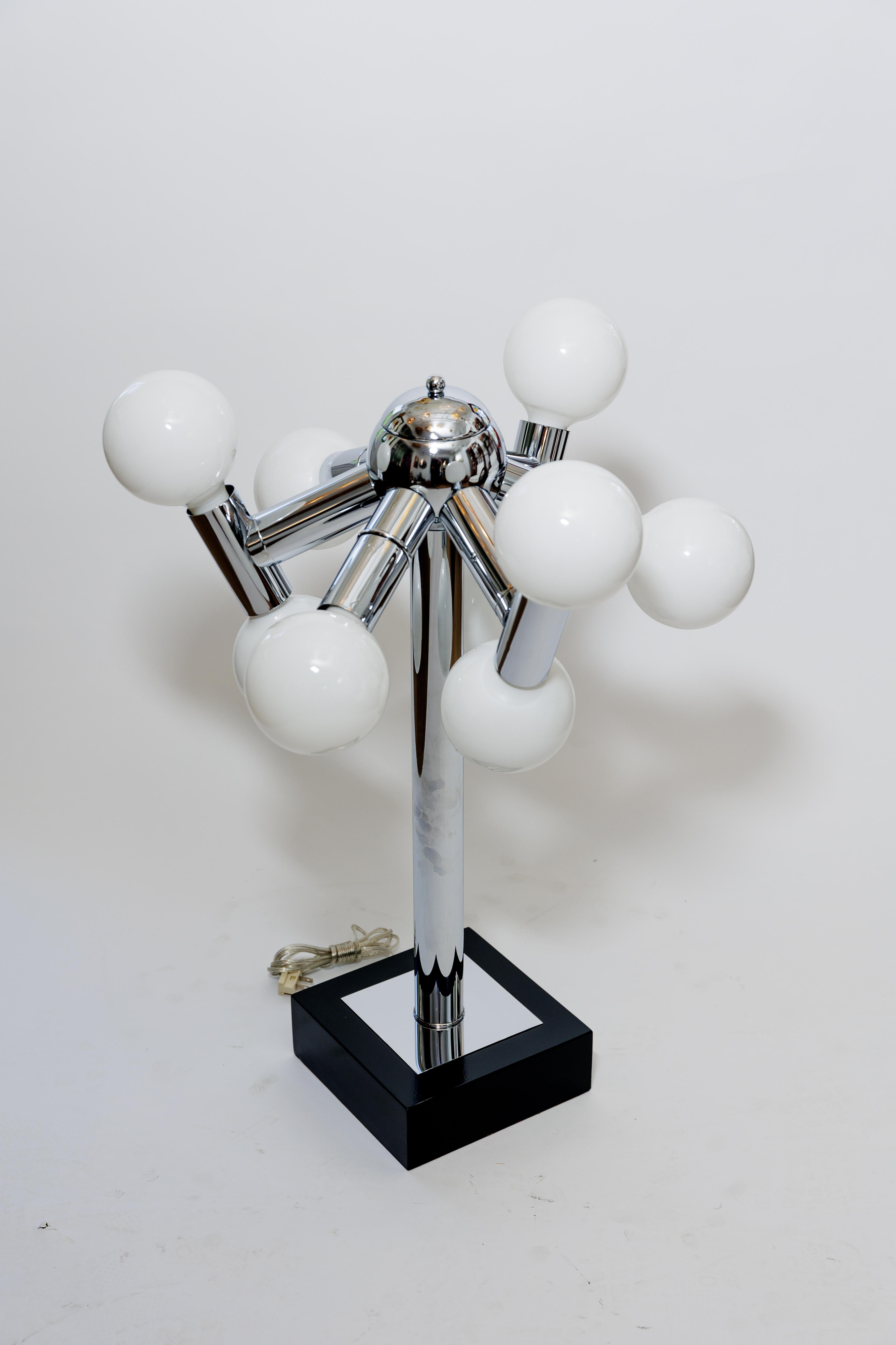 Pair of Chrome Black Base Table Lamps with a Total of Nine Globes Each For Sale