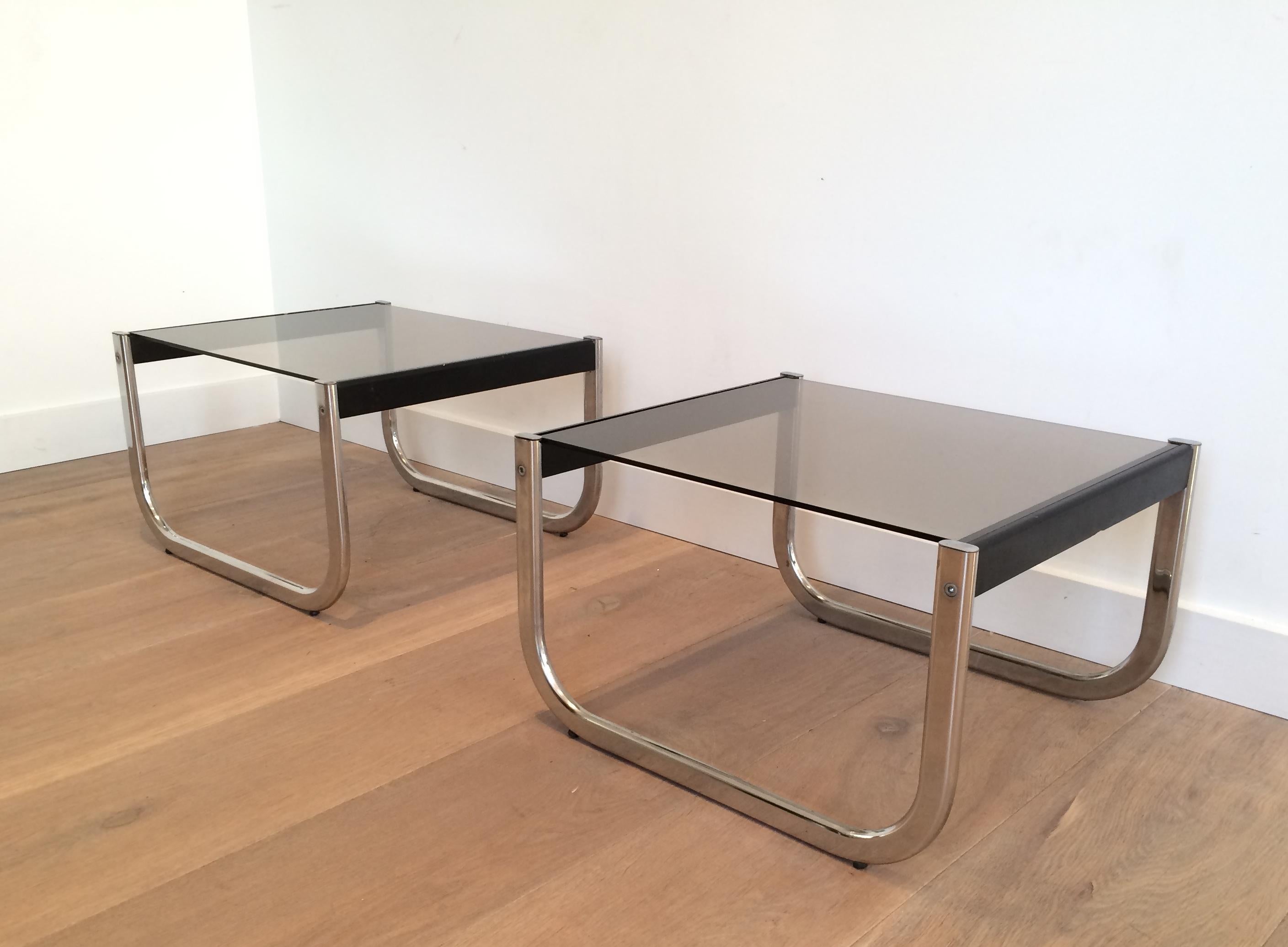 Pair of Chrome, Black Wood and Glass Side Tables For Sale 3