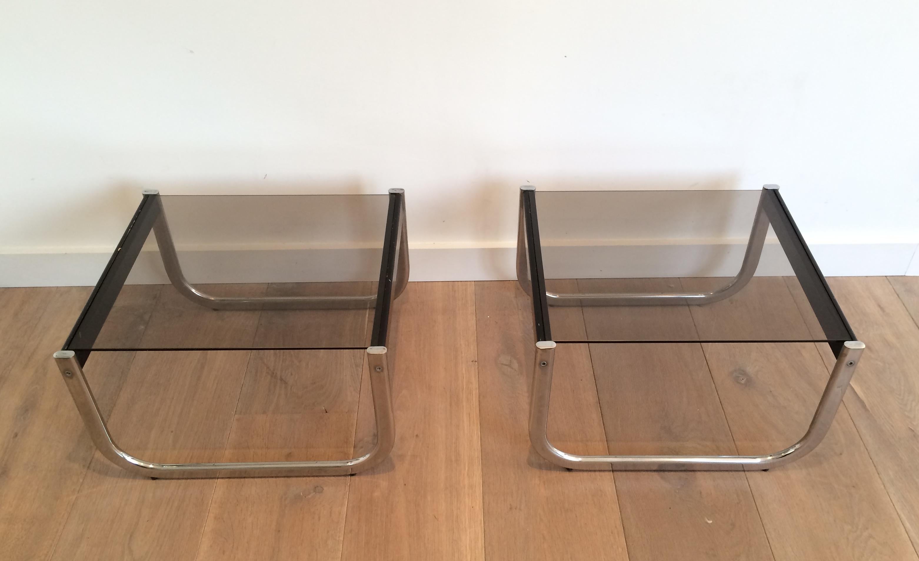 Mid-Century Modern Pair of Chrome, Black Wood and Glass Side Tables For Sale