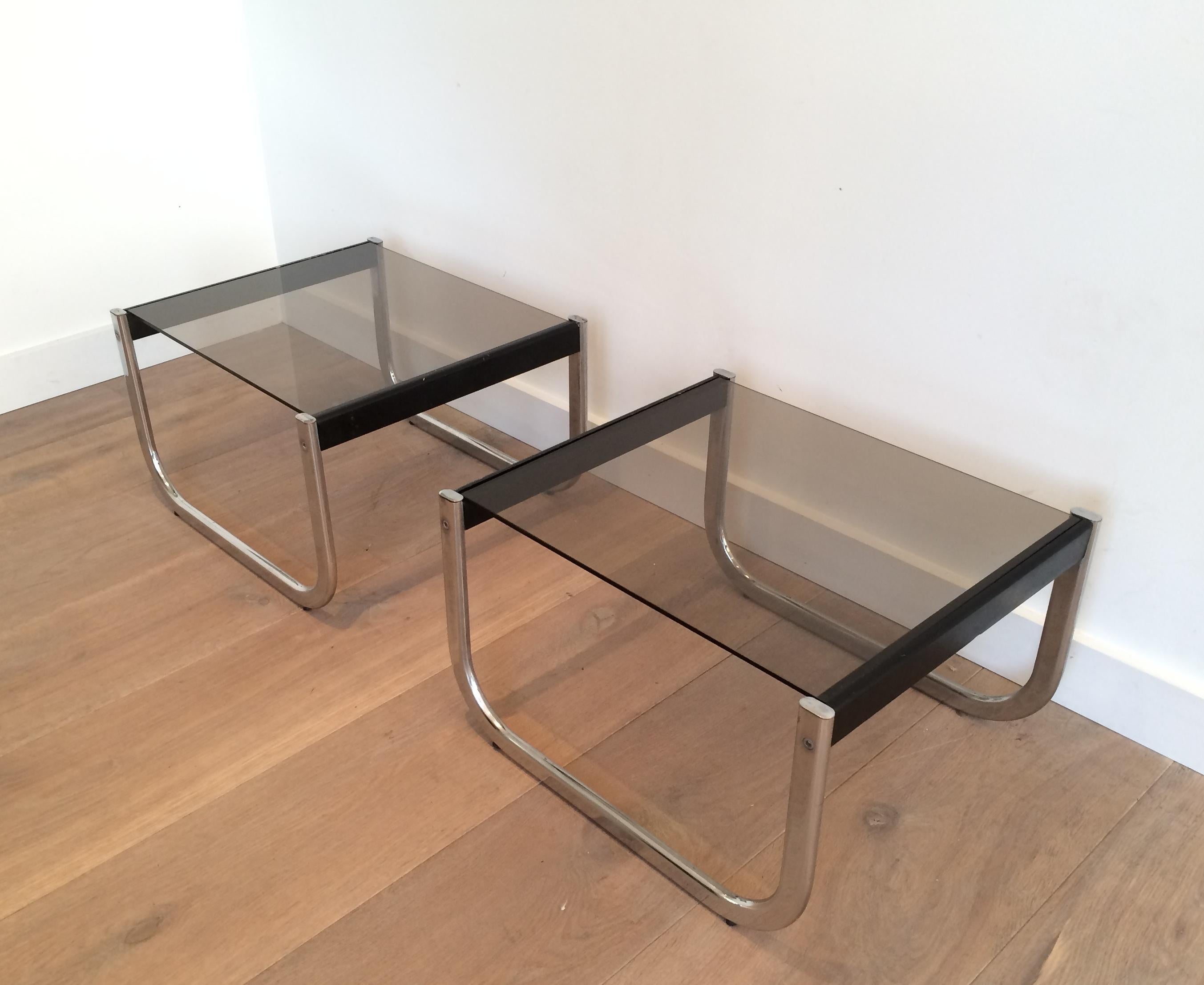 French Pair of Chrome, Black Wood and Glass Side Tables For Sale