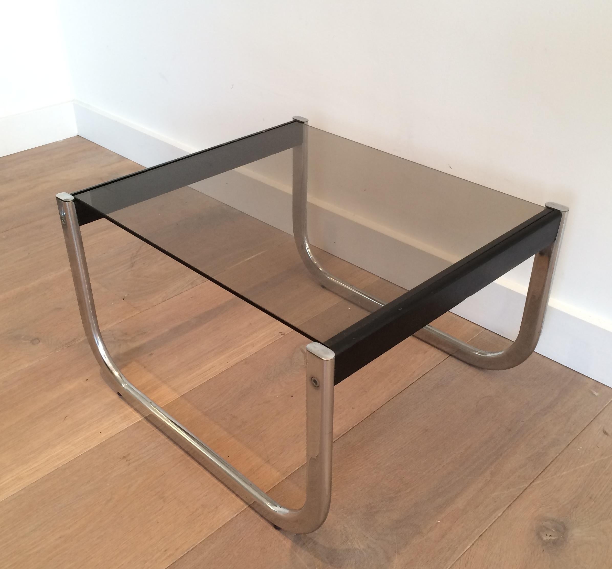 Bronzed Pair of Chrome, Black Wood and Glass Side Tables For Sale