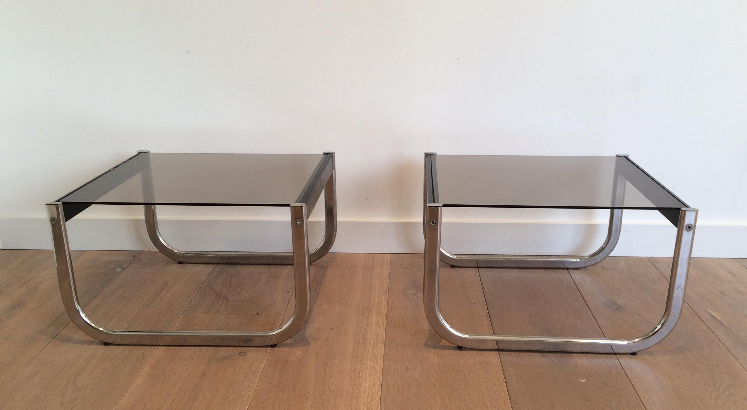 Pair of Chrome, Black Wood and Glass Side Tables For Sale 2