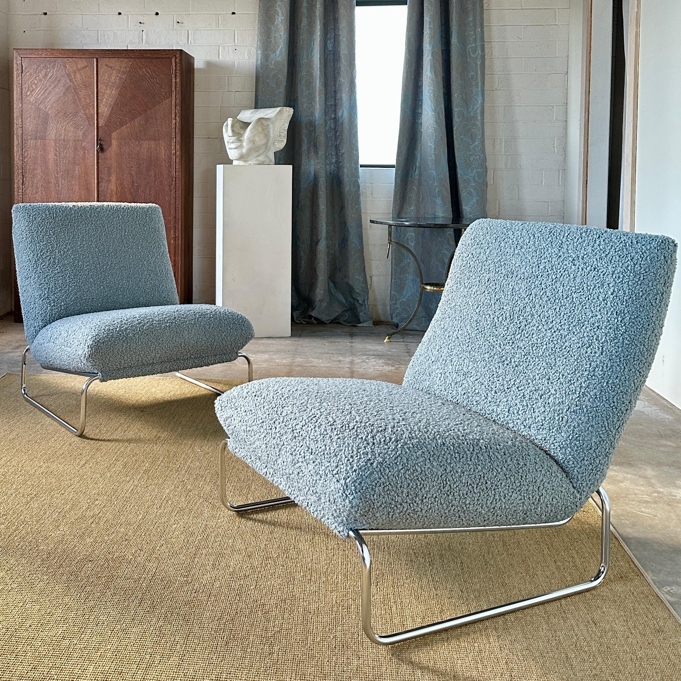 Pair of Chrome & Boucle Italian Lounge Chairs by Castelli. 

Reupholstered in Pindler 