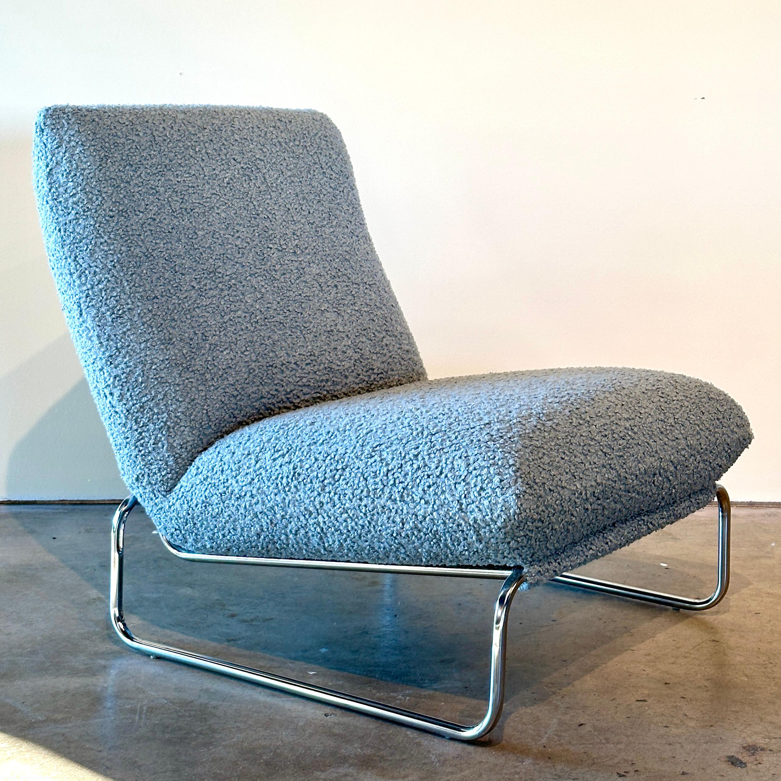 Post-Modern Pair of Chrome & Boucle Italian Lounge Chairs by Castelli For Sale