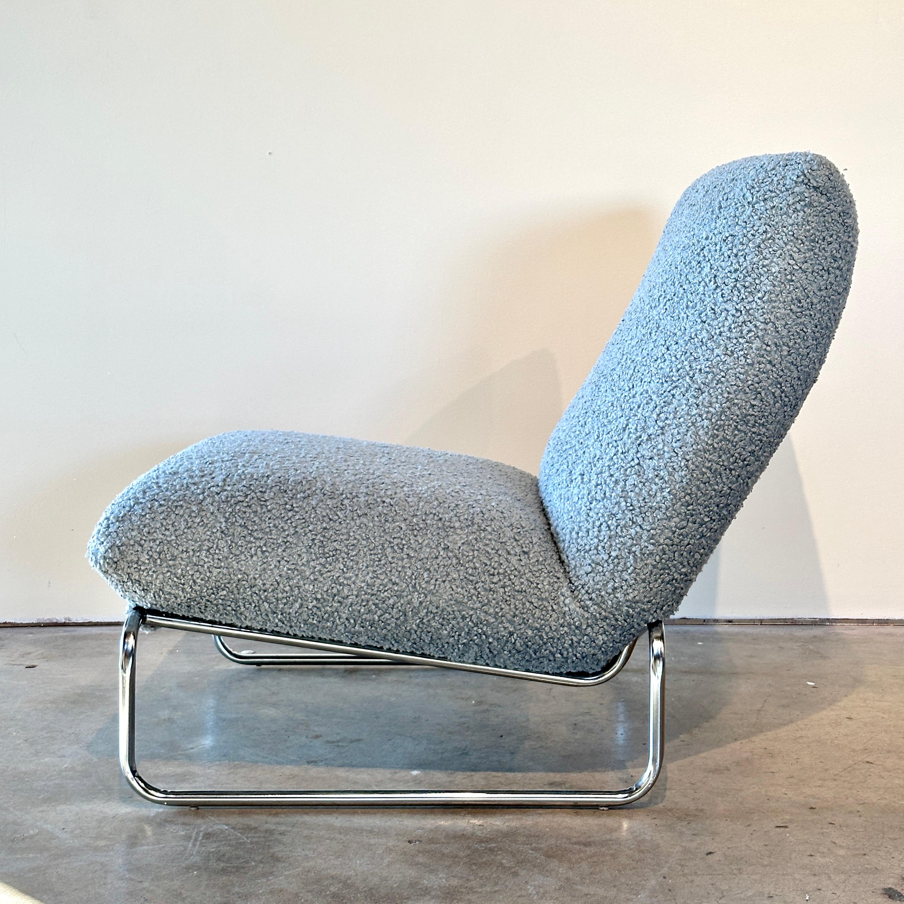 Fabric Pair of Chrome & Boucle Italian Lounge Chairs by Castelli For Sale