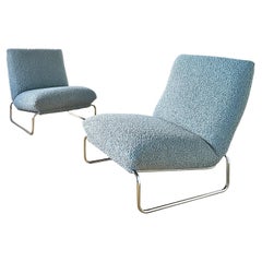 Pair of Chrome & Boucle Italian Lounge Chairs by Castelli