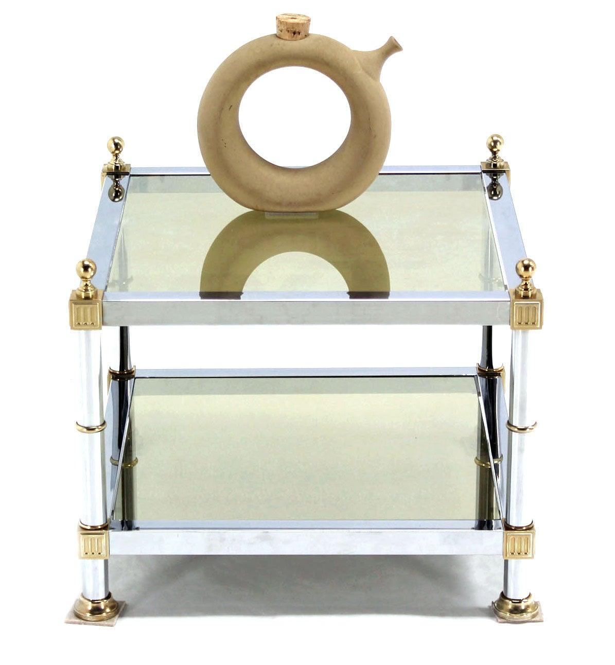 Pair of Chrome Brass and Smoked Glass Square End or Side Lamp Tables Stands Mint For Sale 3