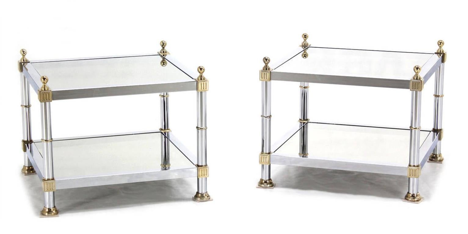 Mid-Century Modern Pair of Chrome Brass and Smoked Glass Square End or Side Lamp Tables Stands Mint For Sale