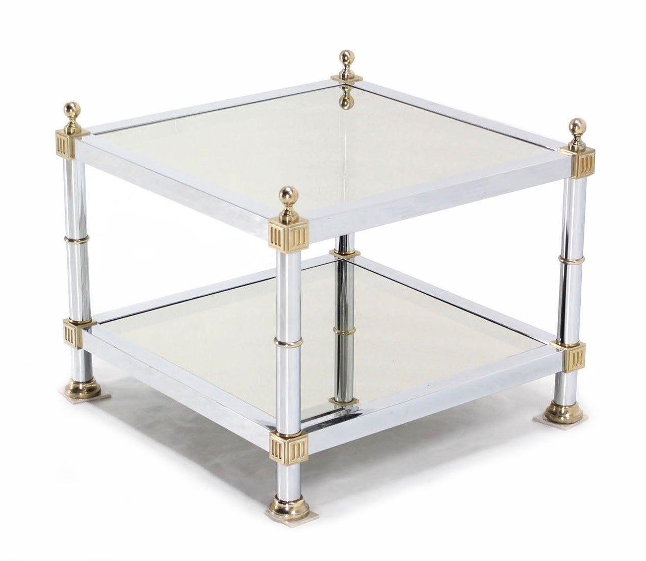 Italian Pair of Chrome Brass and Smoked Glass Square End or Side Lamp Tables Stands Mint For Sale