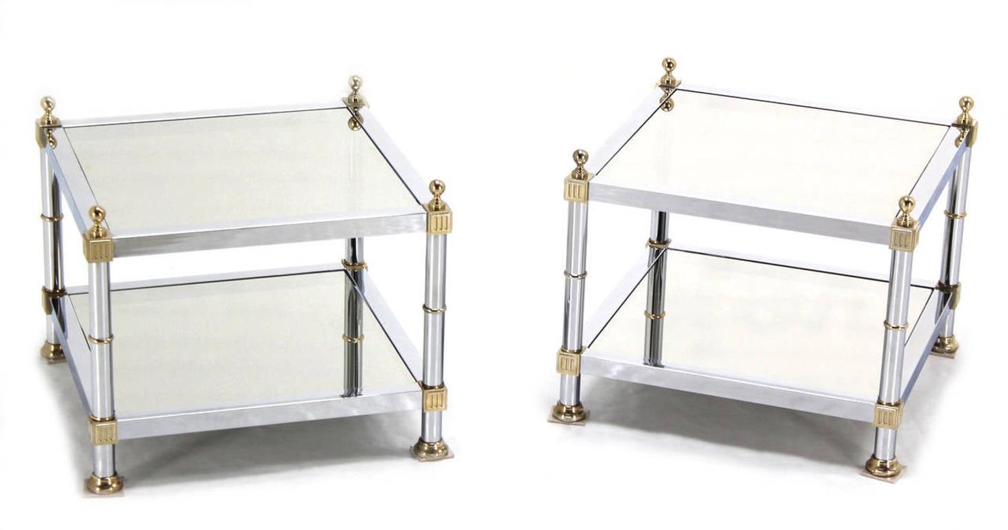 Pair of Chrome Brass and Smoked Glass Square End or Side Lamp Tables Stands Mint In Good Condition For Sale In Rockaway, NJ