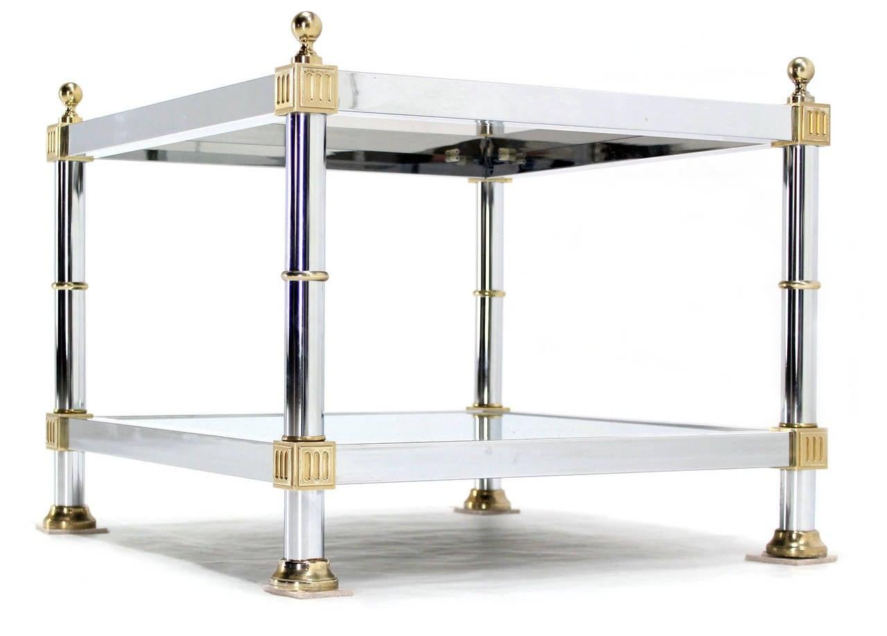 20th Century Pair of Chrome Brass and Smoked Glass Square End or Side Lamp Tables Stands Mint For Sale