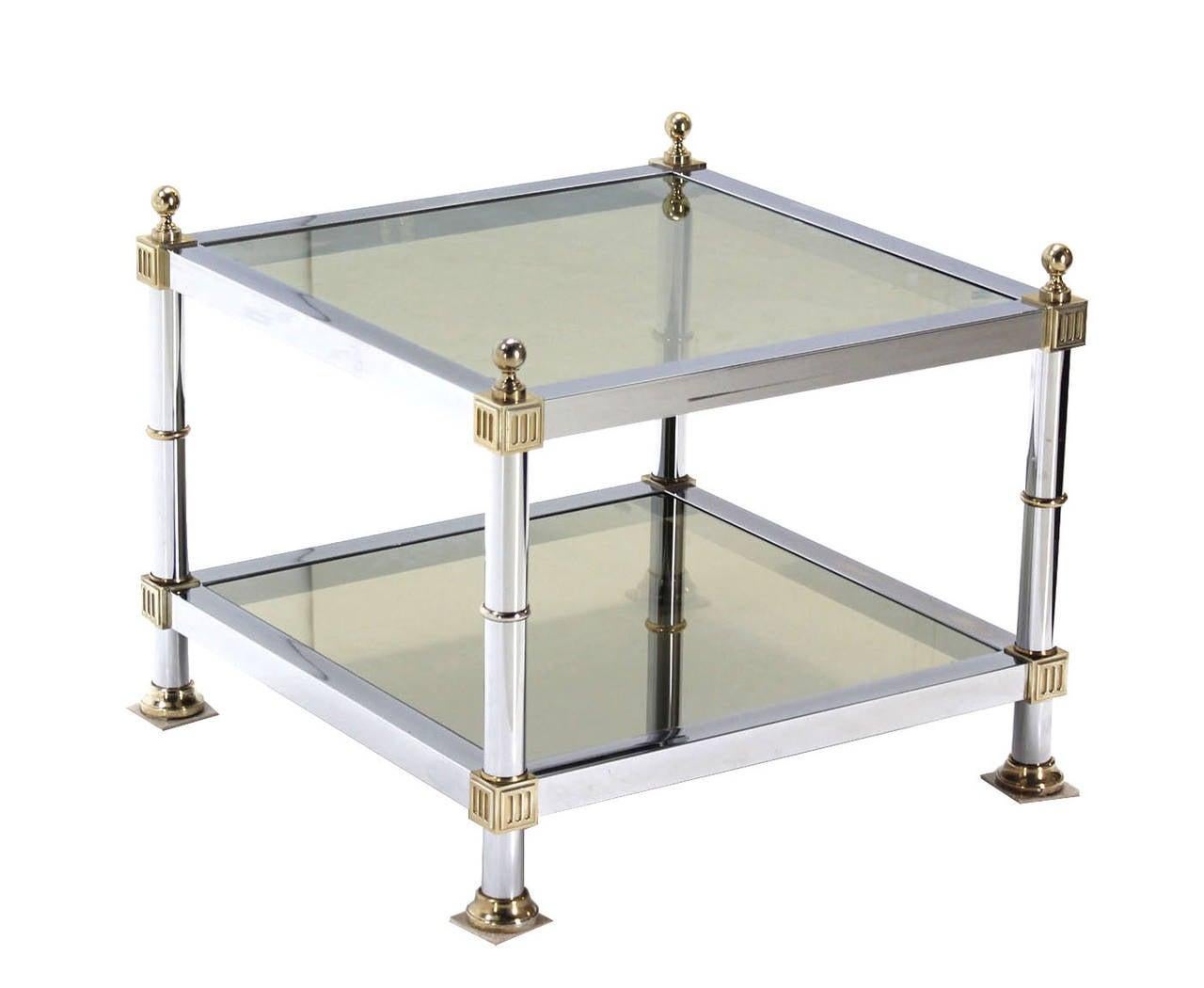 Pair of Chrome Brass and Smoked Glass Square End or Side Lamp Tables Stands Mint For Sale 2