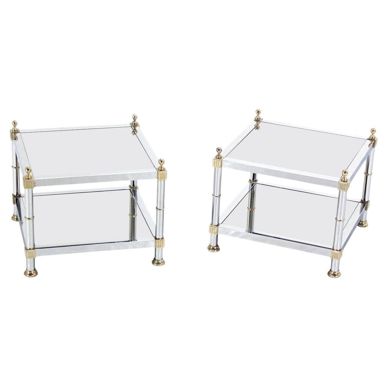 Pair of Chrome Brass and Smoked Glass Square End or Side Lamp Tables Stands Mint For Sale