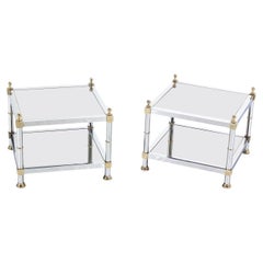 Vintage Pair of Chrome Brass and Smoked Glass Square End or Side Lamp Tables Stands Mint