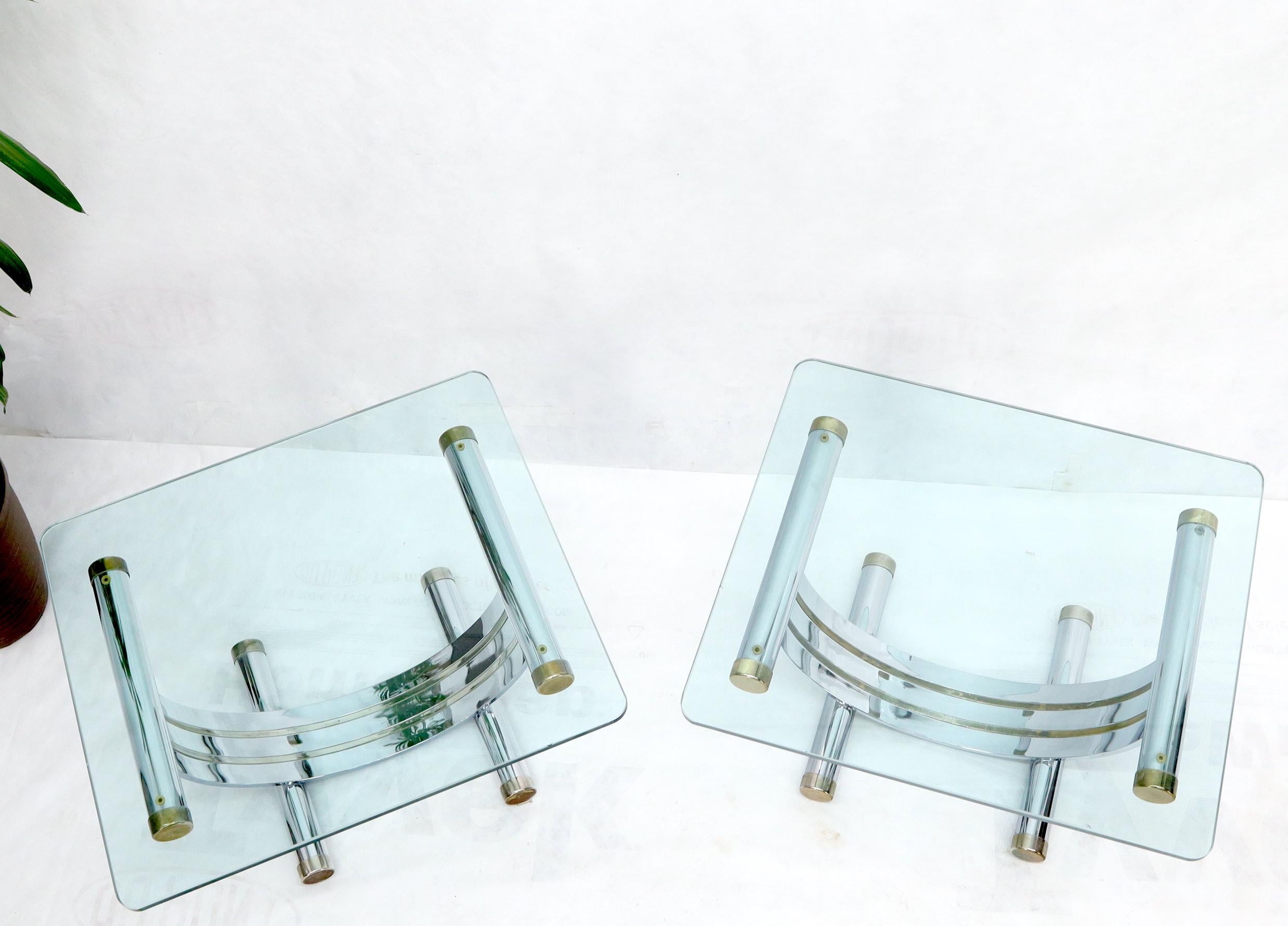 Pair of Chrome & Brass U Shape Bases Glass Top End Side Occasional Tables For Sale 7