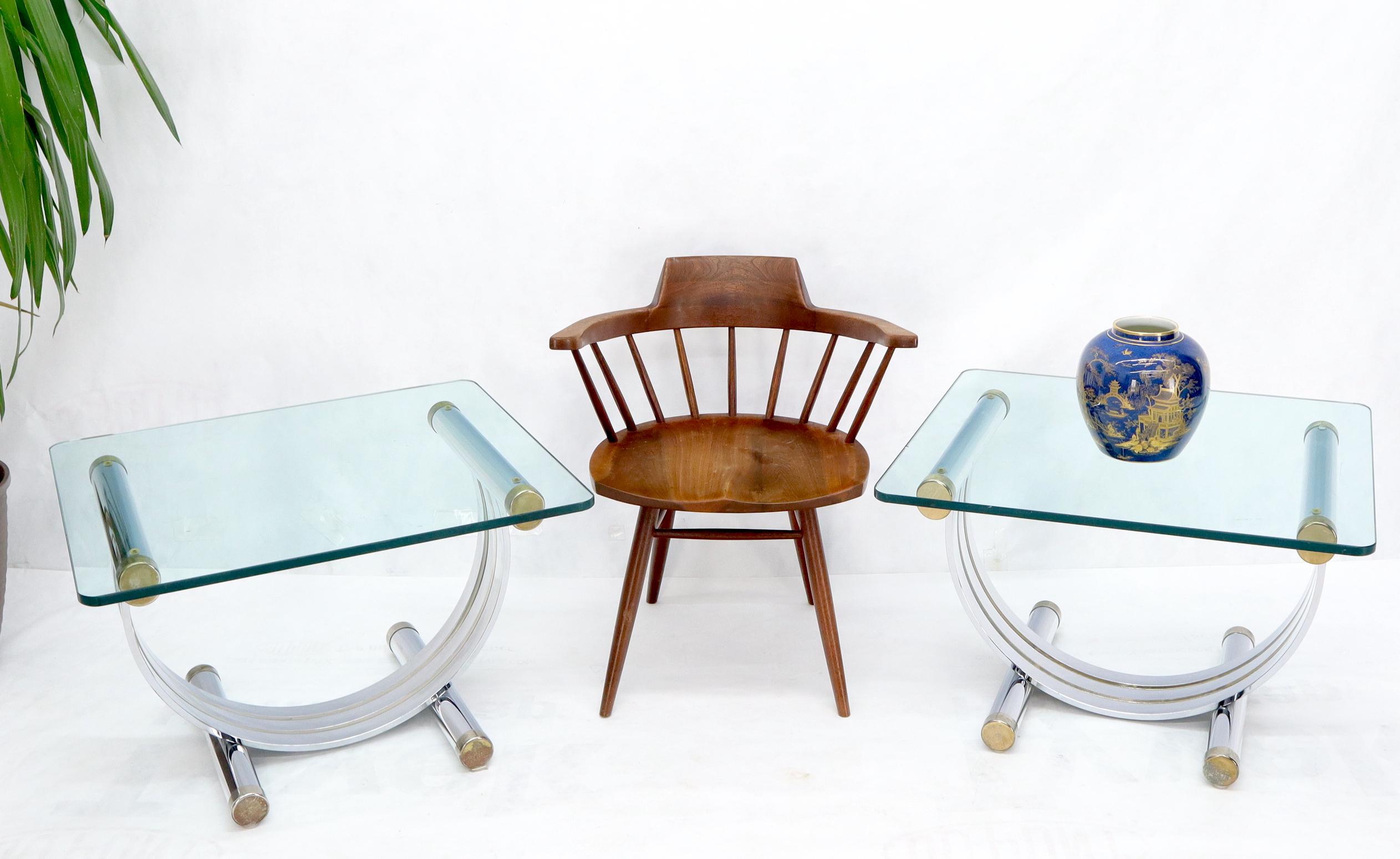 Pair of Mid-Century Modern glass tops chrome and brass U shape bases side end tables.