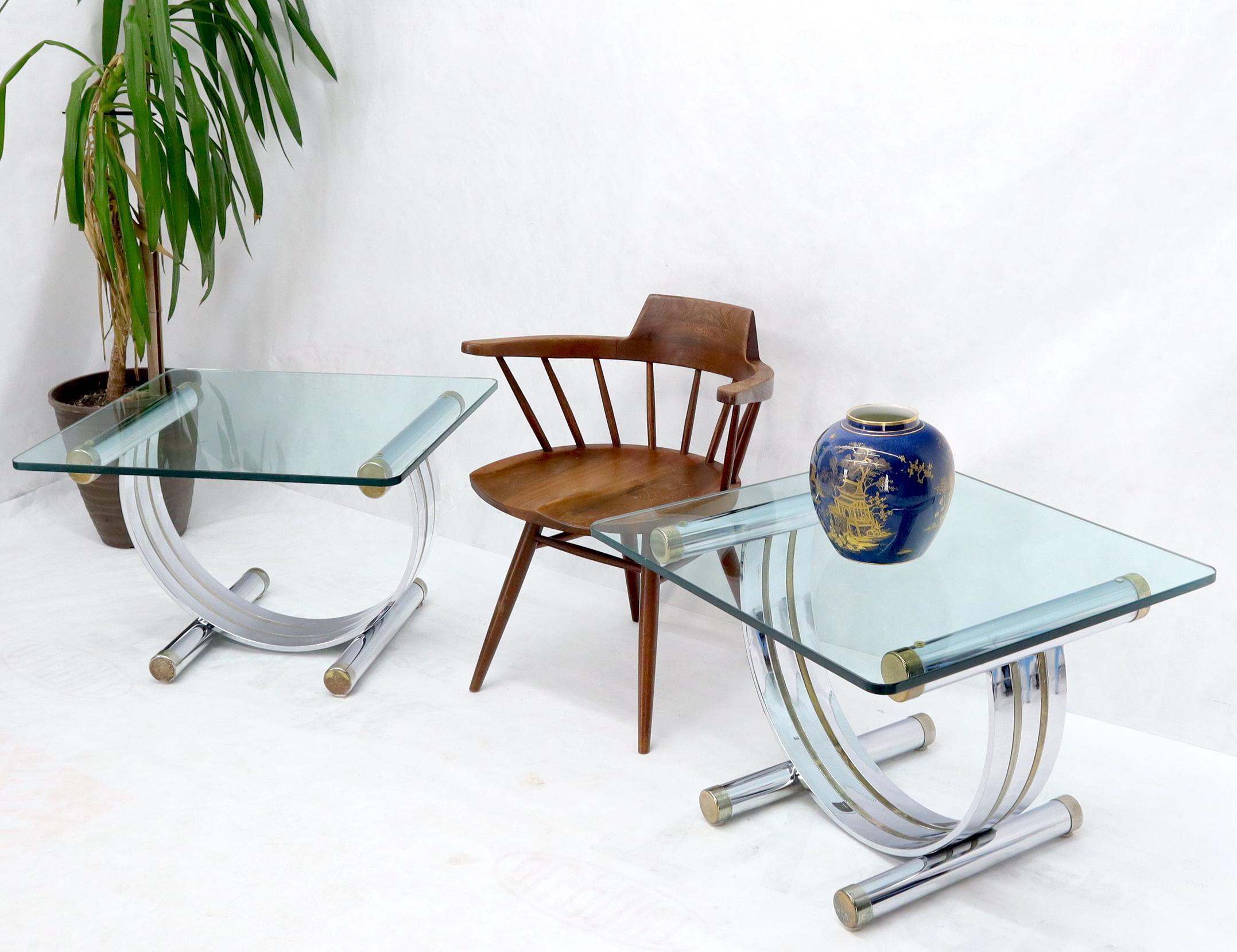Mid-Century Modern Pair of Chrome & Brass U Shape Bases Glass Top End Side Occasional Tables For Sale