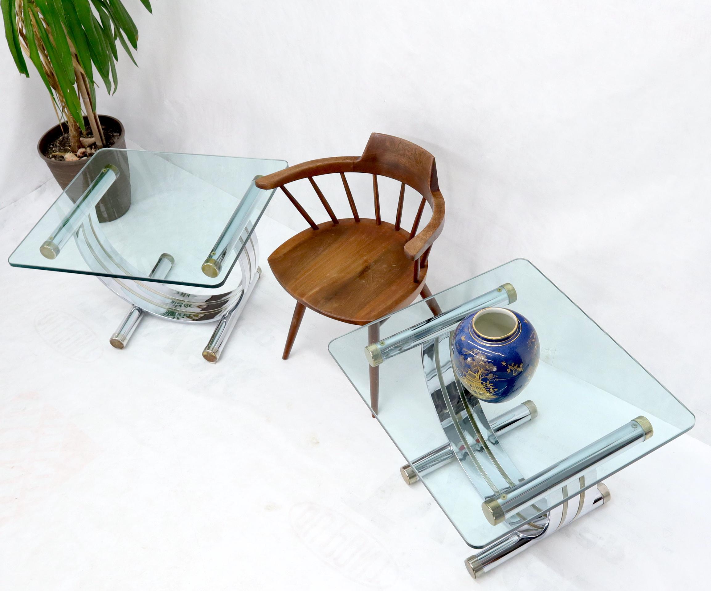 American Pair of Chrome & Brass U Shape Bases Glass Top End Side Occasional Tables For Sale