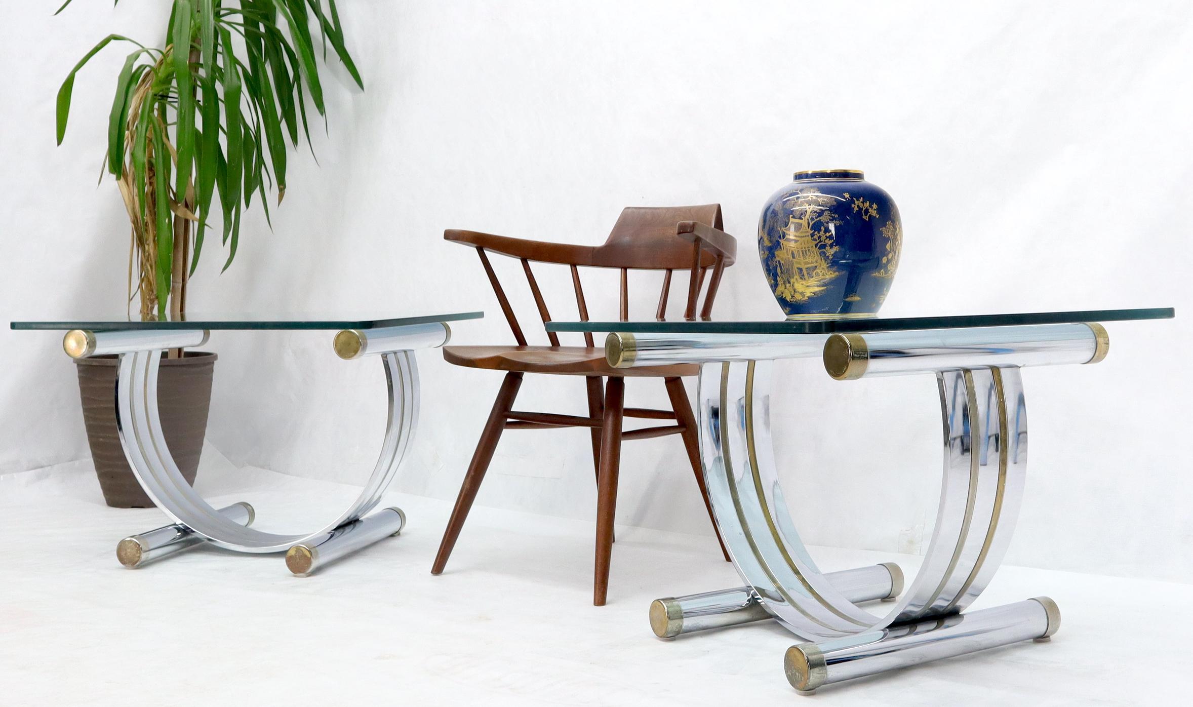 Pair of Chrome & Brass U Shape Bases Glass Top End Side Occasional Tables In Good Condition For Sale In Rockaway, NJ