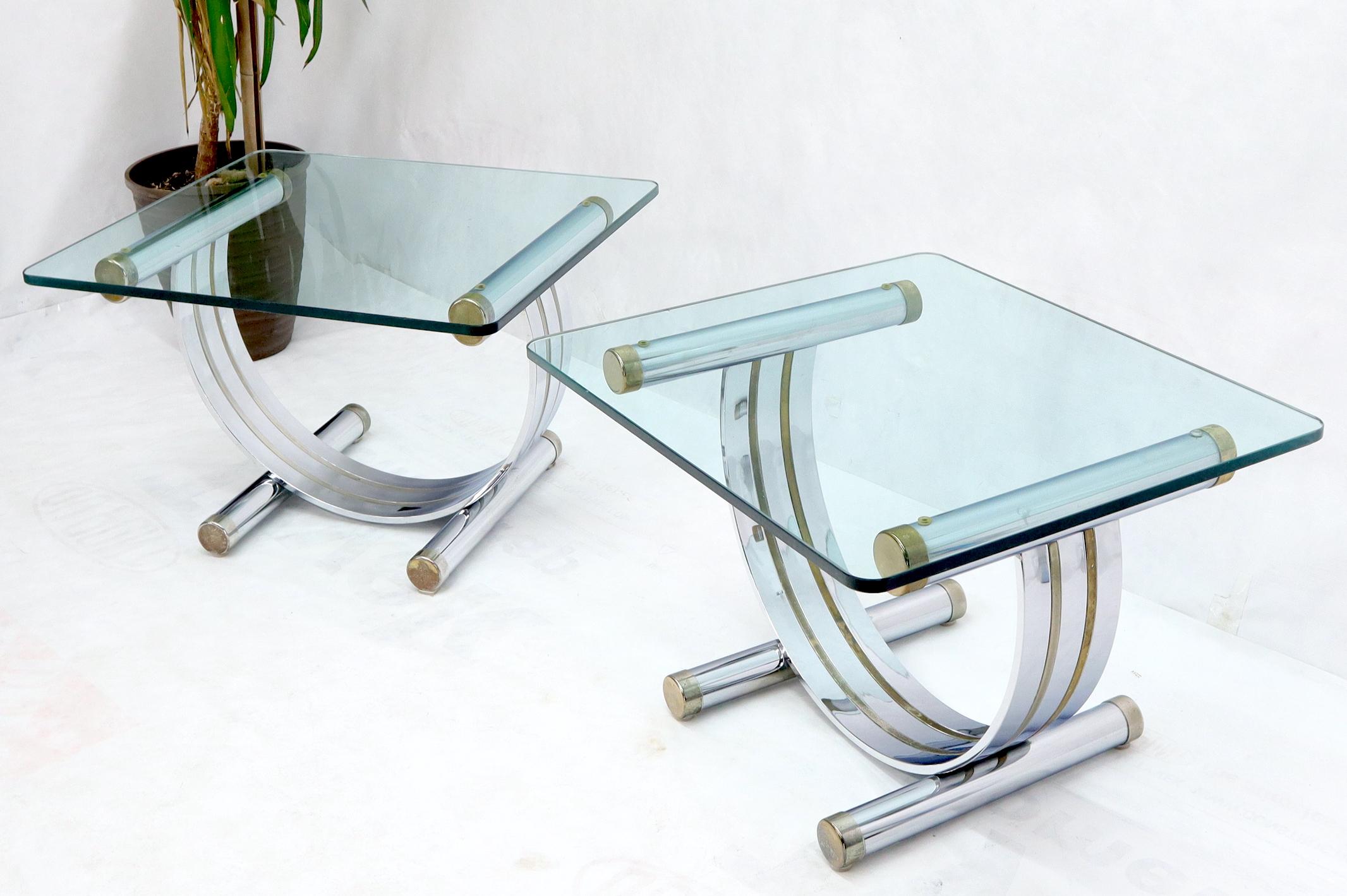 Pair of Chrome & Brass U Shape Bases Glass Top End Side Occasional Tables For Sale 1