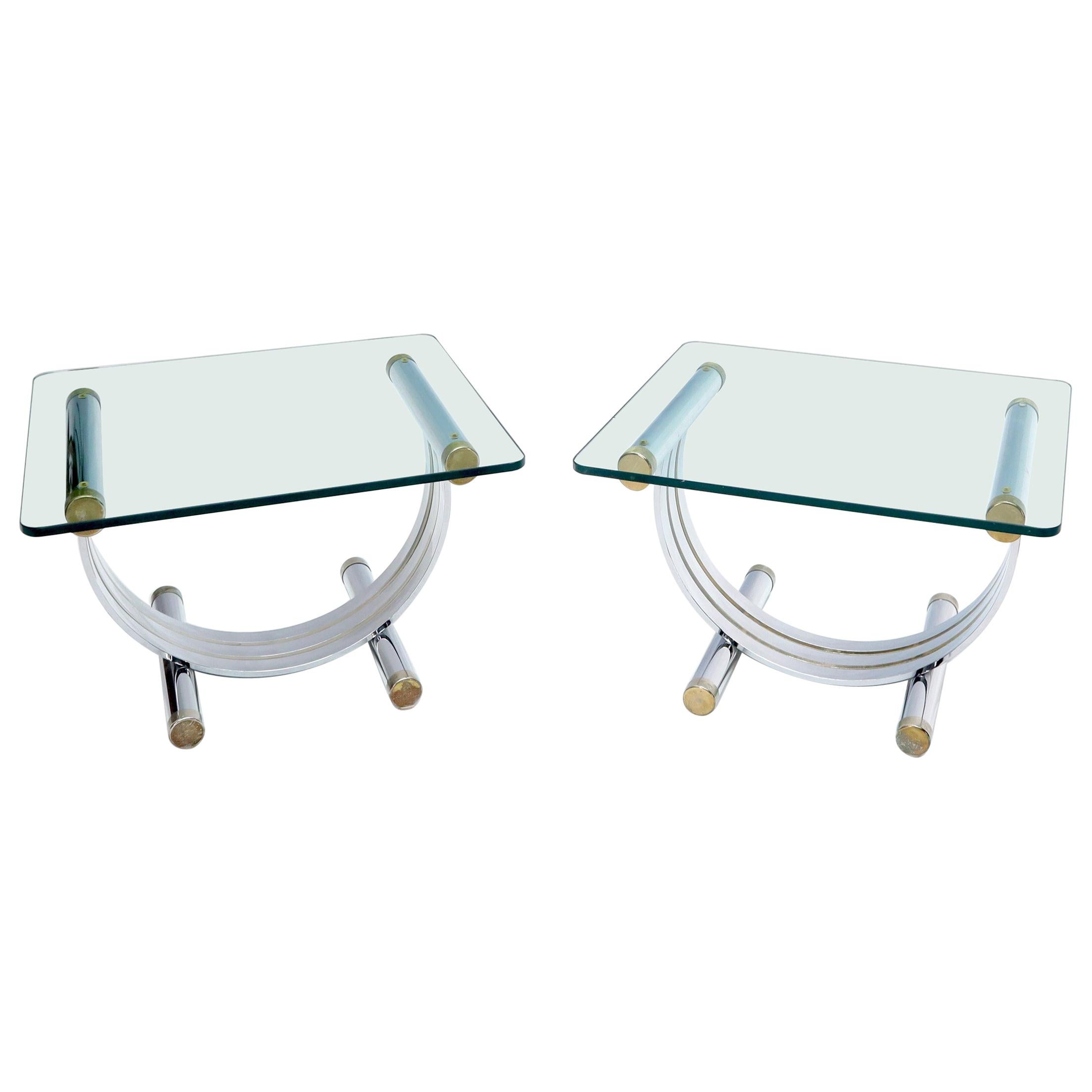 Pair of Chrome & Brass U Shape Bases Glass Top End Side Occasional Tables
