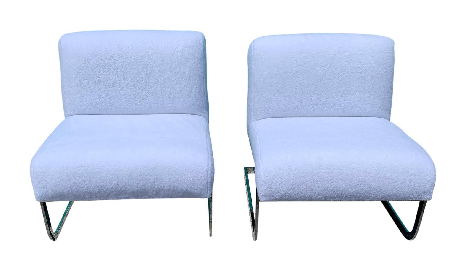 Pair of chrome Cantilever lounge chairs attributed to Milo Baughman, Mid-Century Modern, new upholstery.