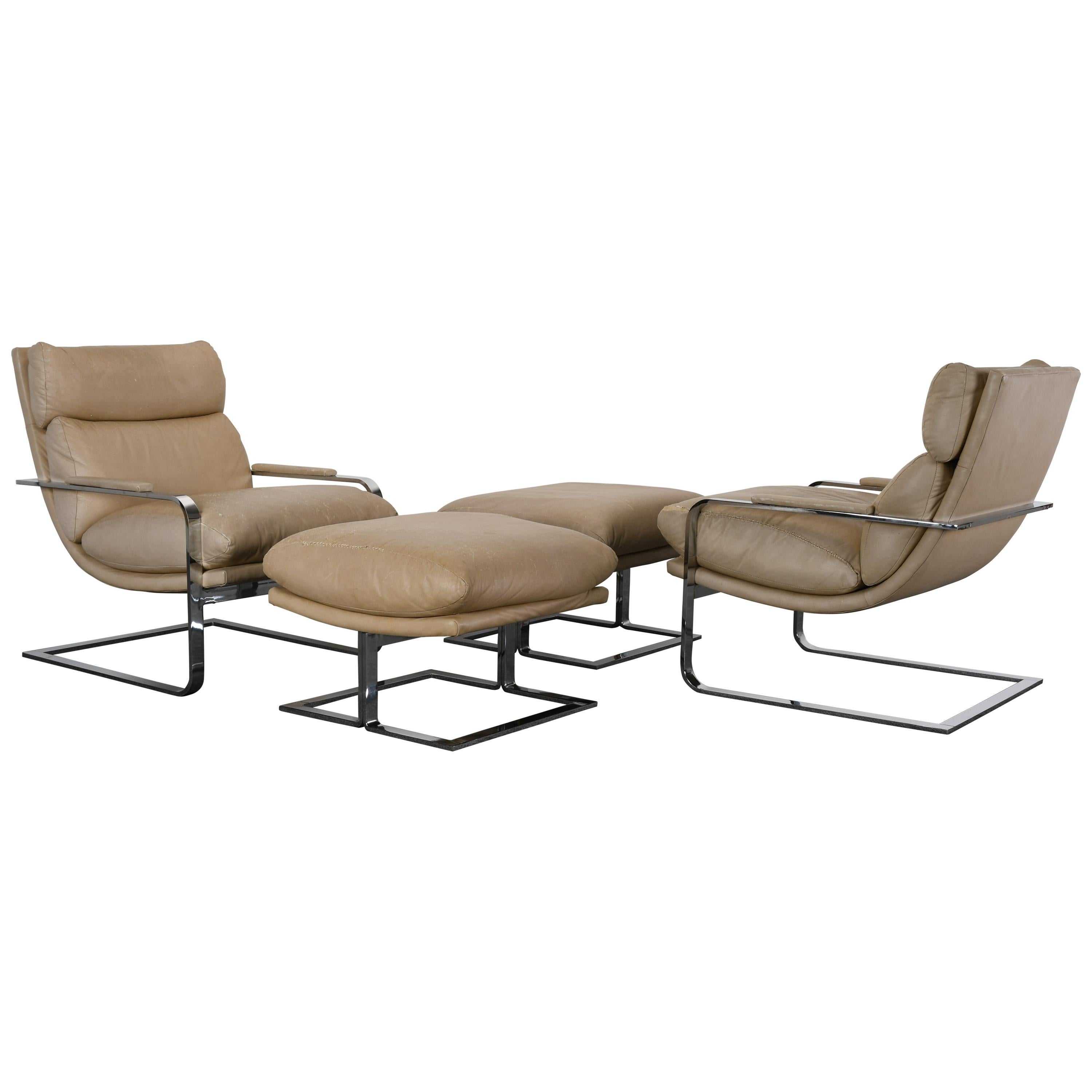 Pair of Chrome Chairs and Ottomans by Directional, 1970s