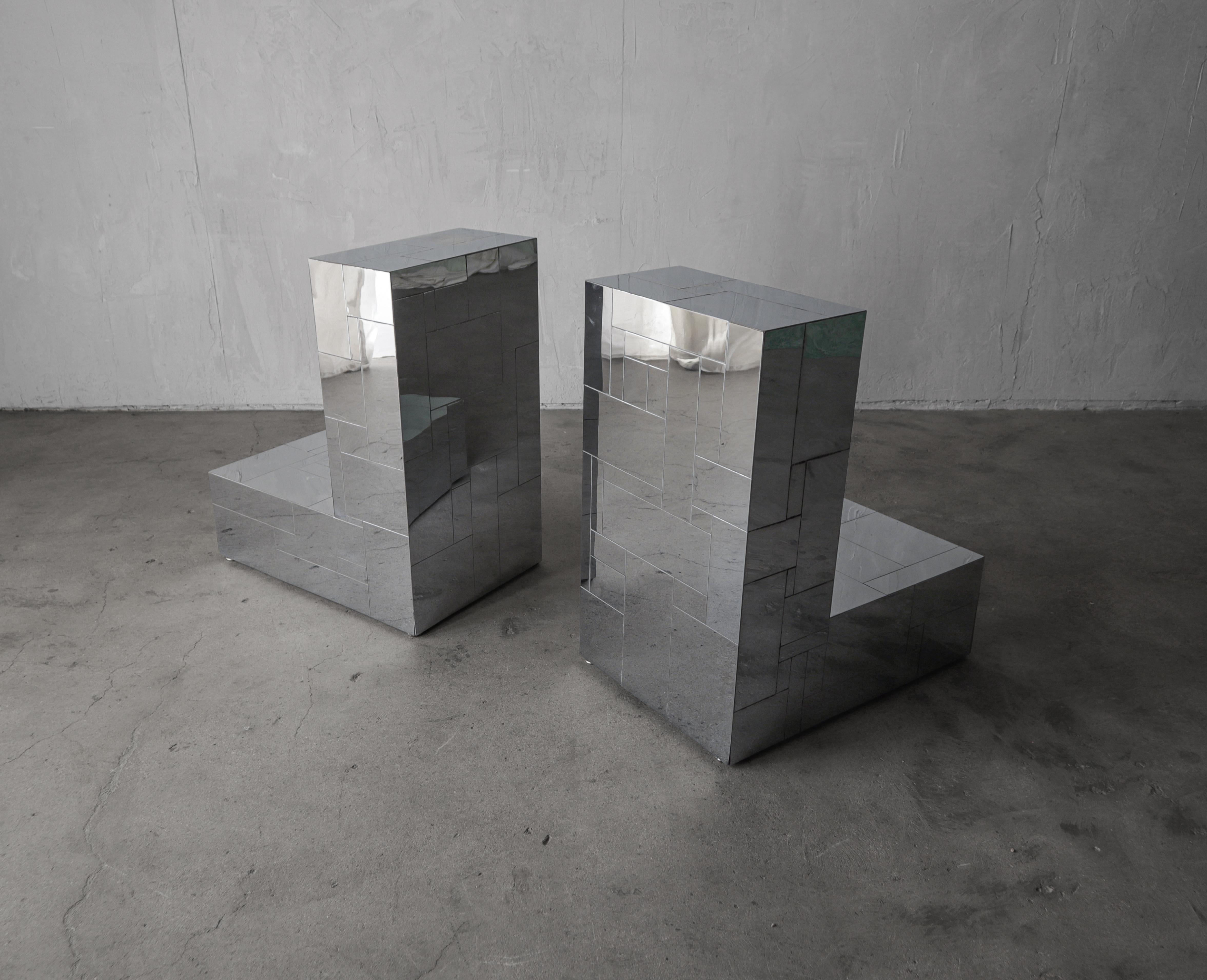 Steel Pair of Chrome Cityscape Dining Pedestals by Paul Evans - Signed For Sale