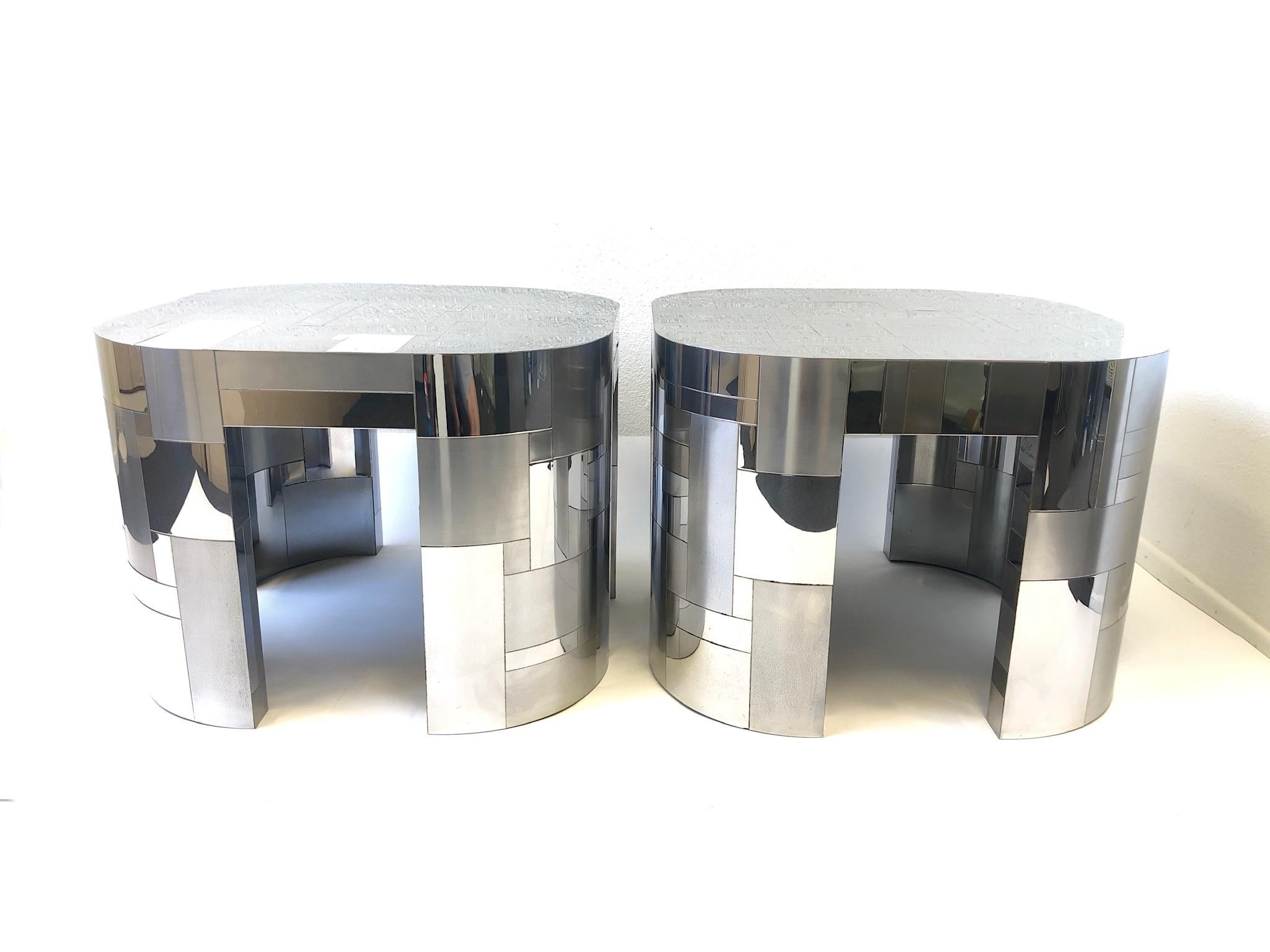 Modern Pair of Chrome Cityscape Side Tables by Paul Evans
