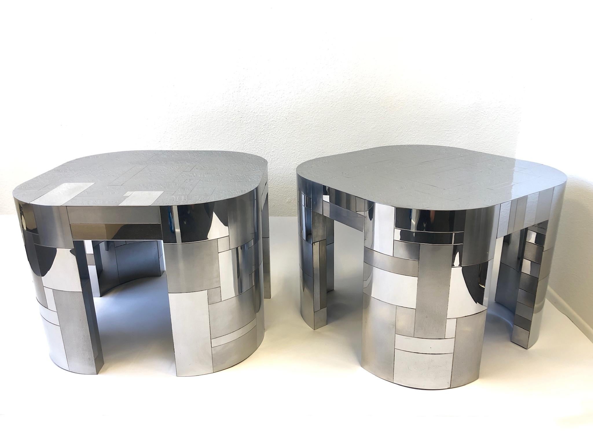 Polished Pair of Chrome Cityscape Side Tables by Paul Evans