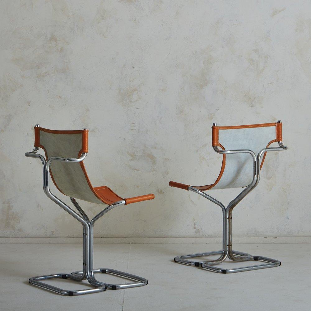 Pair of Chrome + Cognac Leather Slingback Chairs, Italy 1970s For Sale 4
