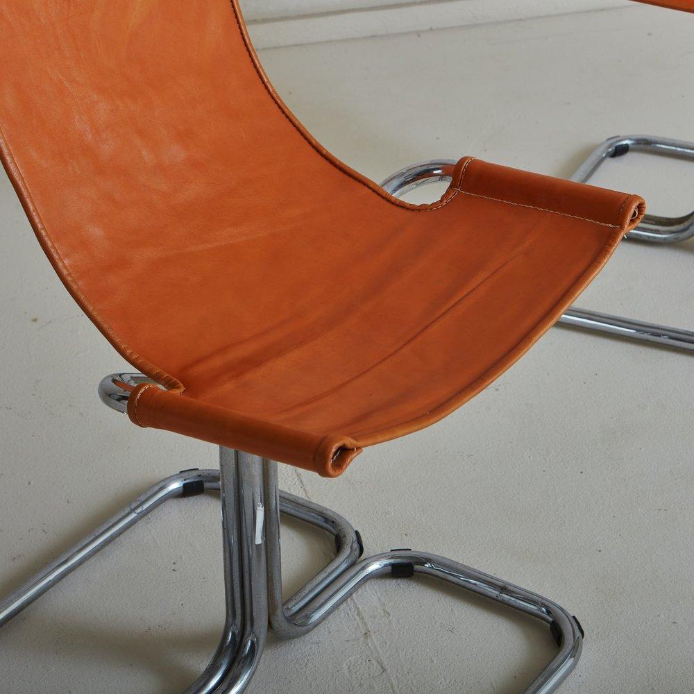Pair of Chrome + Cognac Leather Slingback Chairs, Italy 1970s For Sale 1
