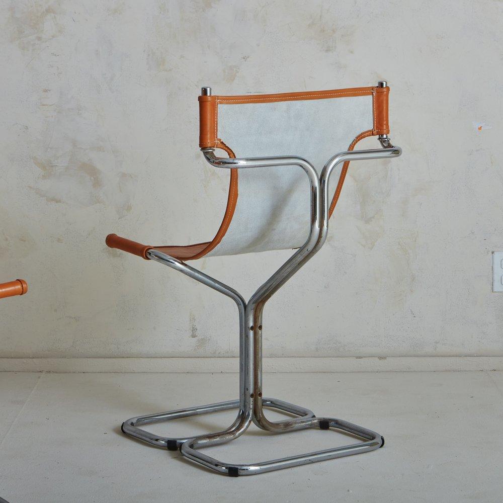 Pair of Chrome + Cognac Leather Slingback Chairs, Italy 1970s For Sale 3