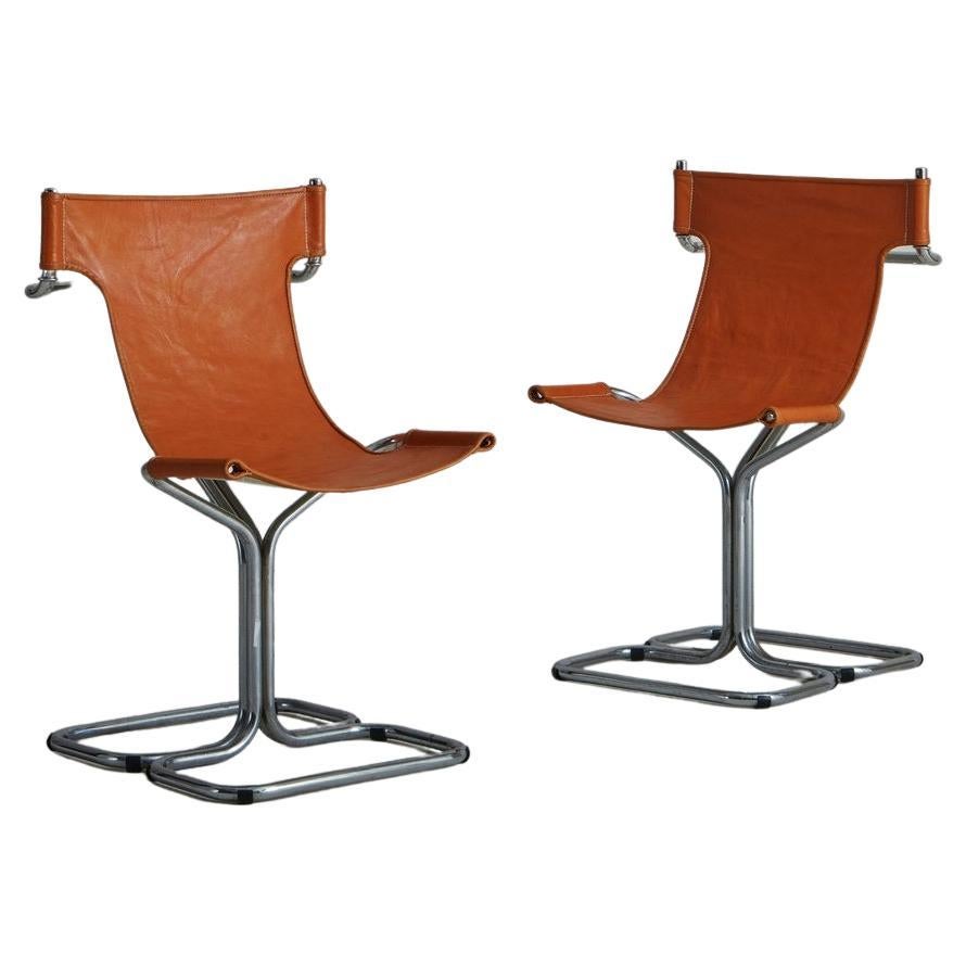 Pair of Chrome + Cognac Leather Slingback Chairs, Italy 1970s For Sale