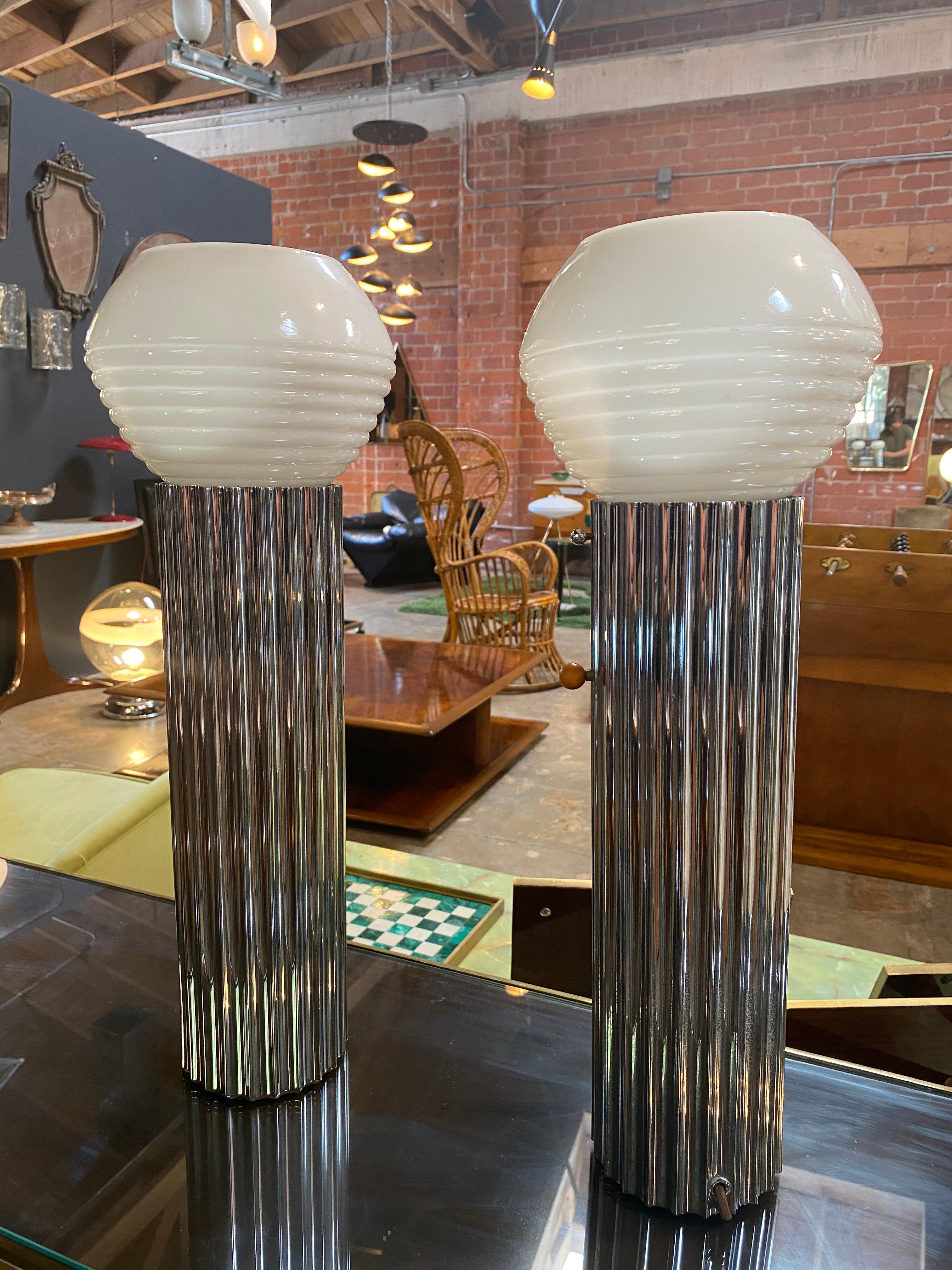 Mid-Century Modern Pair of Chrome Column Lamps by Walter von Nessen, 1930