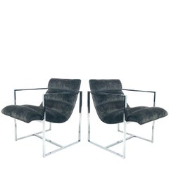 Pair of Chrome Cube Scoop Chairs by Milo Baughman