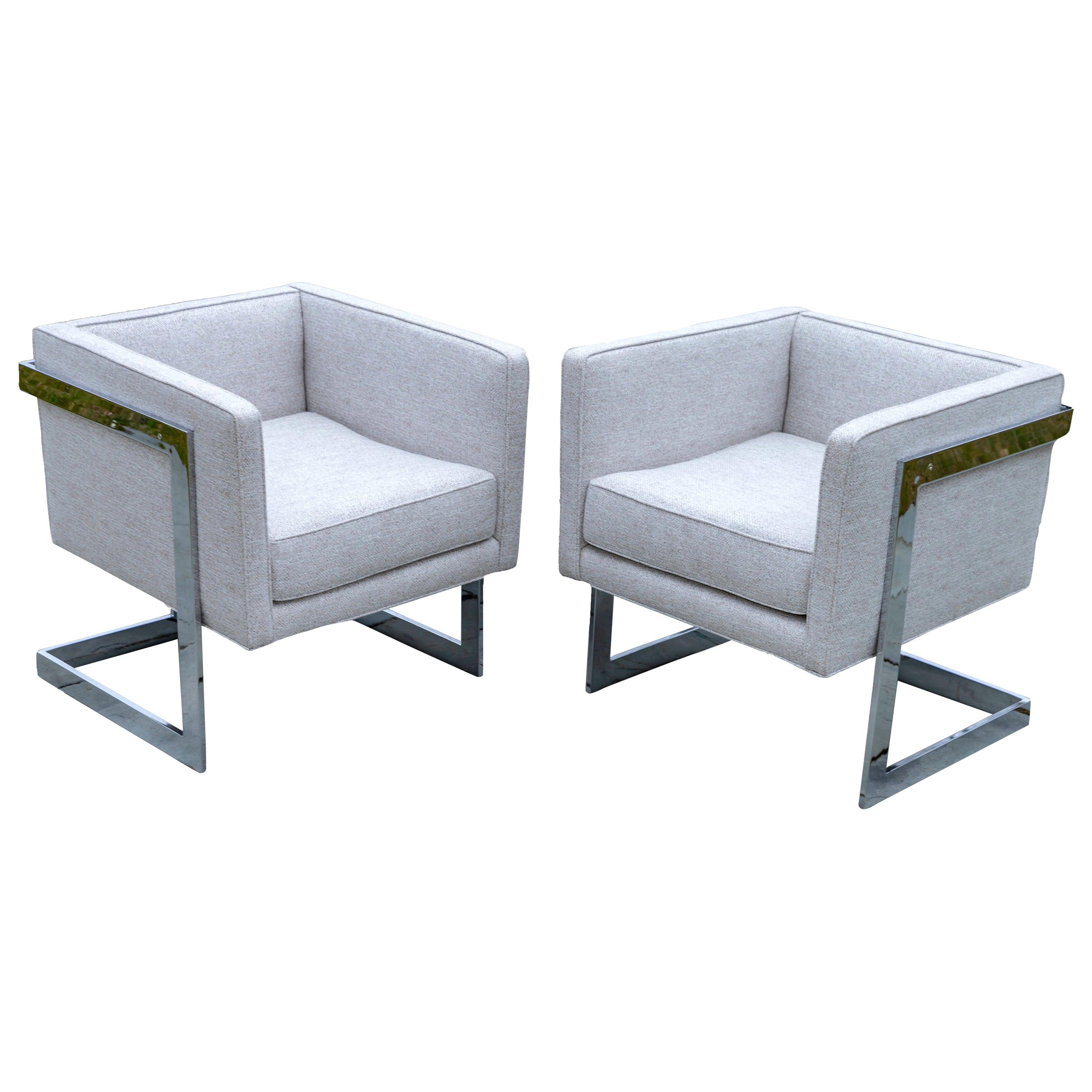 Pair of Chrome Cubic Frame Upholstered Armchairs For Sale