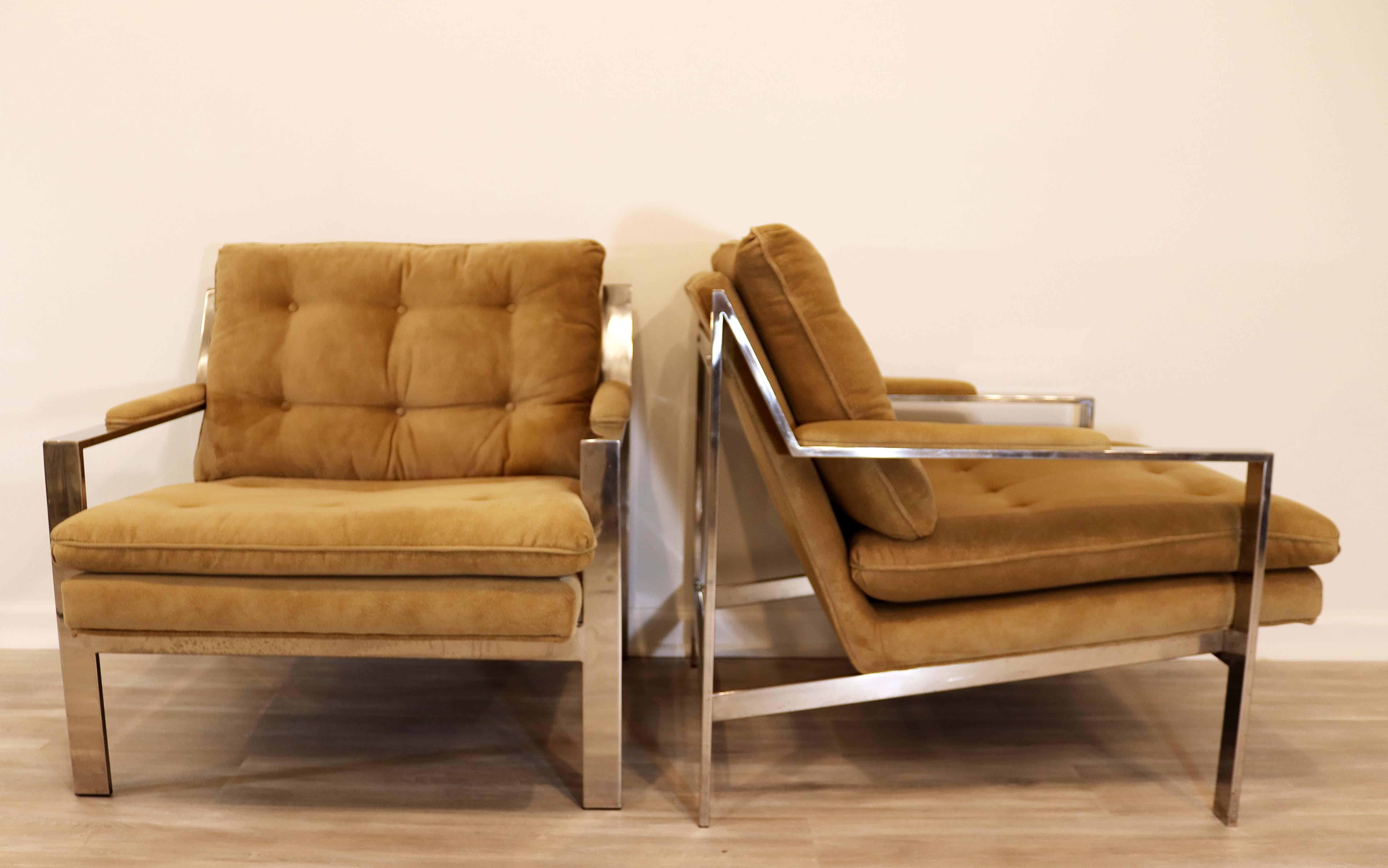 Fabric Pair of Chrome Cy Mann Arm Lounge Chairs Modern Contemporary